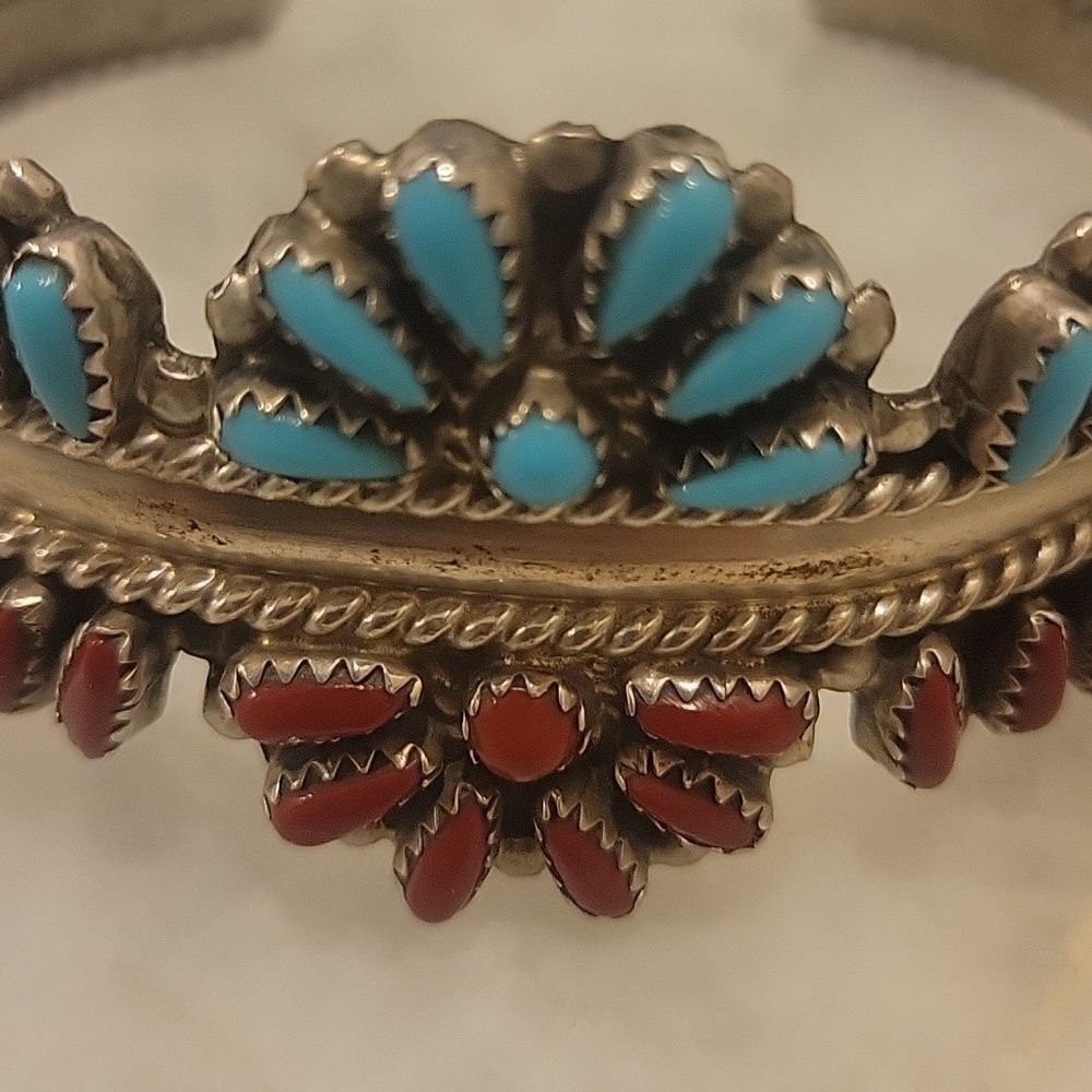 Signed Navajo Dewey Janette DJ Sterling Native Zuni Turquoise Coral Bracelet VTG - Picture 12 of 16